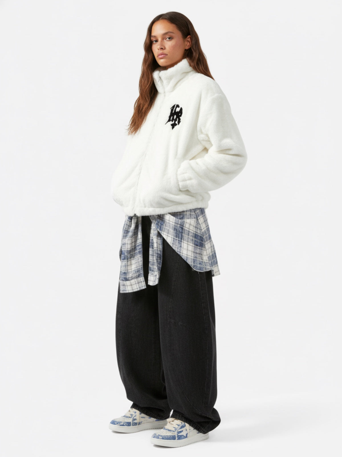 Hip-hop Letter Stand Collar Fur Jacket