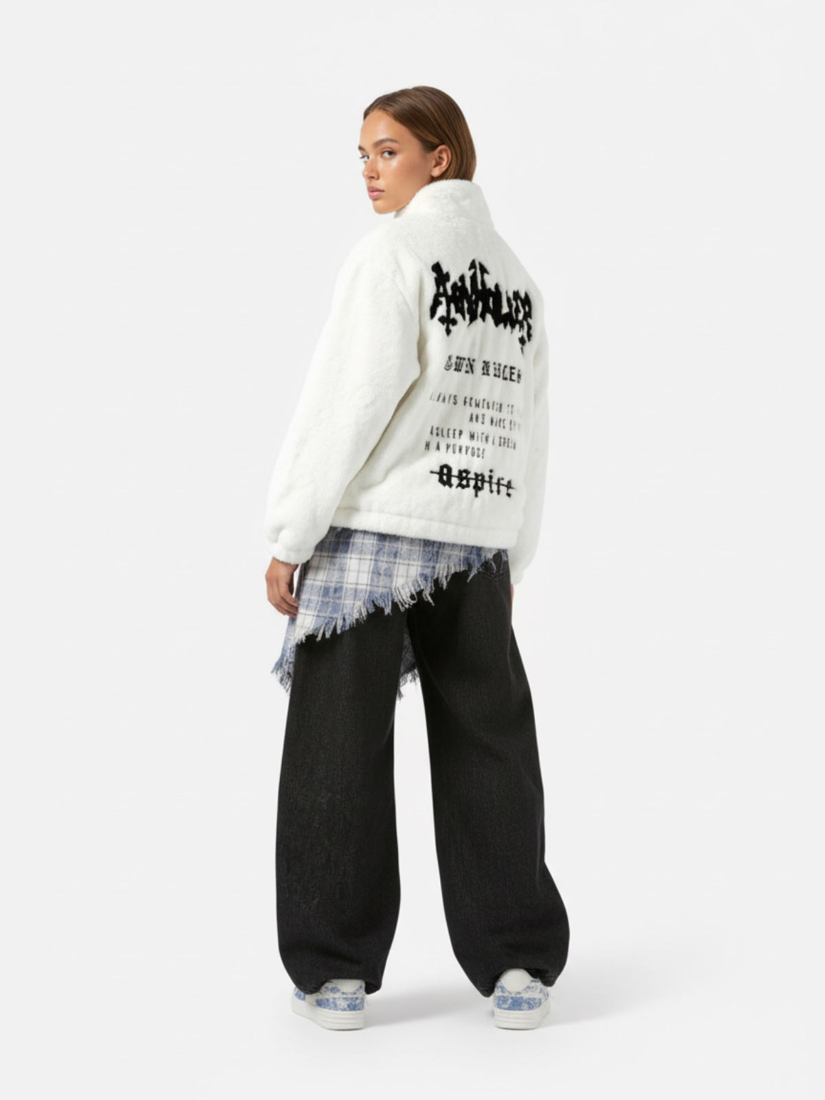Hip-hop Letter Stand Collar Fur Jacket