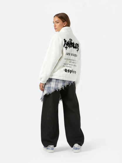 Hip-hop Letter Stand Collar Fur Jacket