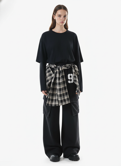 Retro Plaid Patchwork Tie-Belt Wide-Leg Barrel Pants