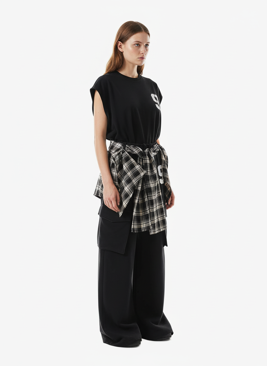 Retro Plaid Patchwork Tie-Belt Wide-Leg Barrel Pants