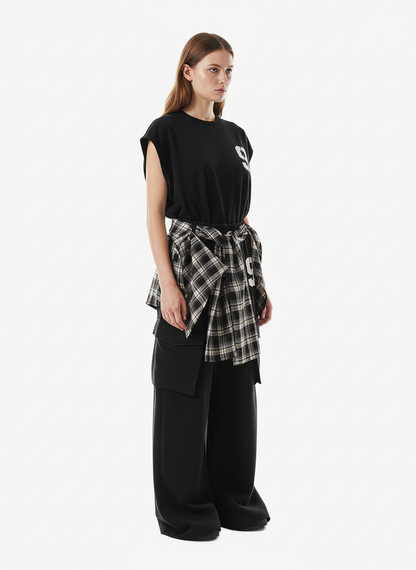 Retro Plaid Patchwork Tie-Belt Wide-Leg Barrel Pants