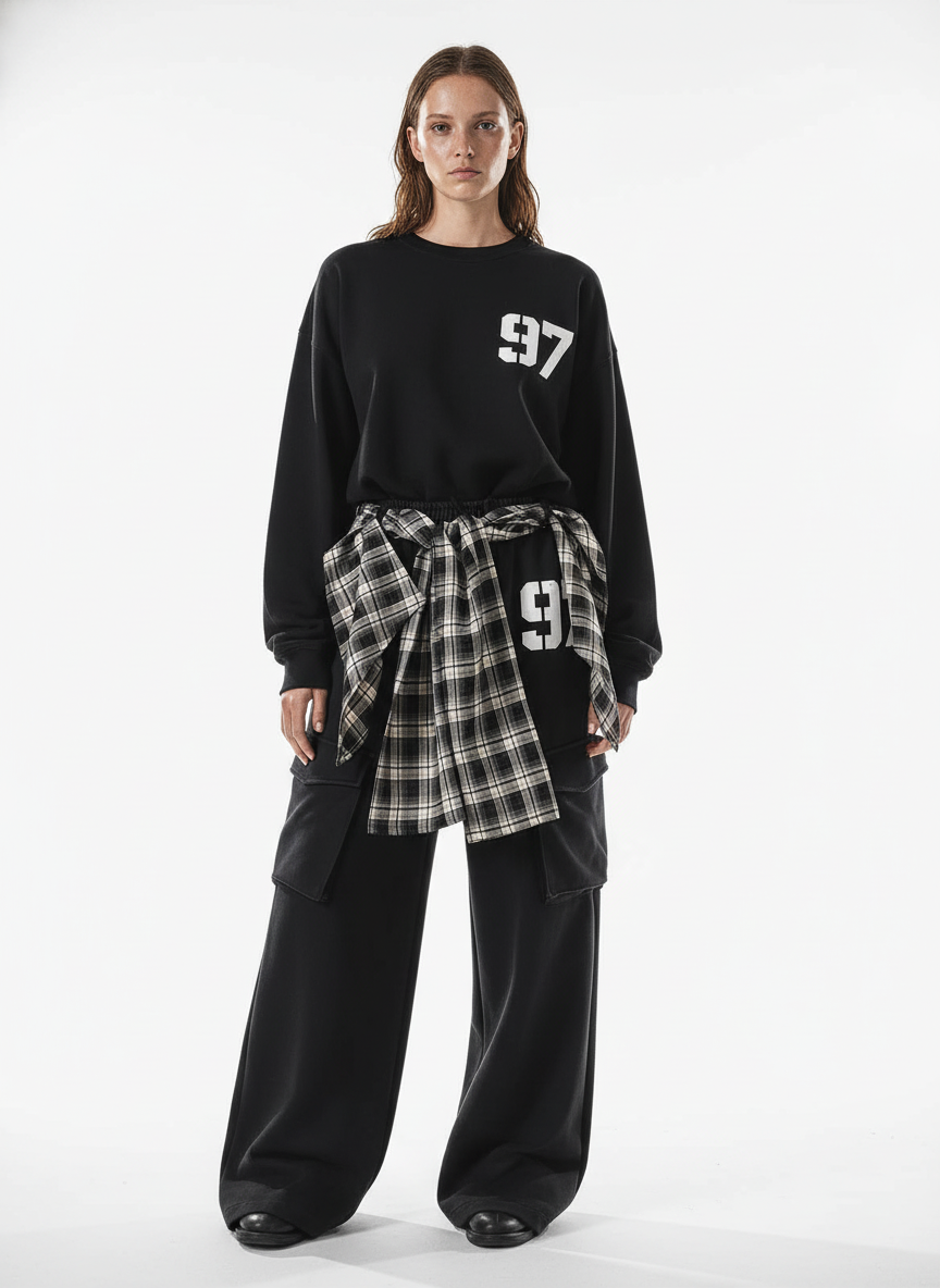 Retro Plaid Patchwork Tie-Belt Wide-Leg Barrel Pants
