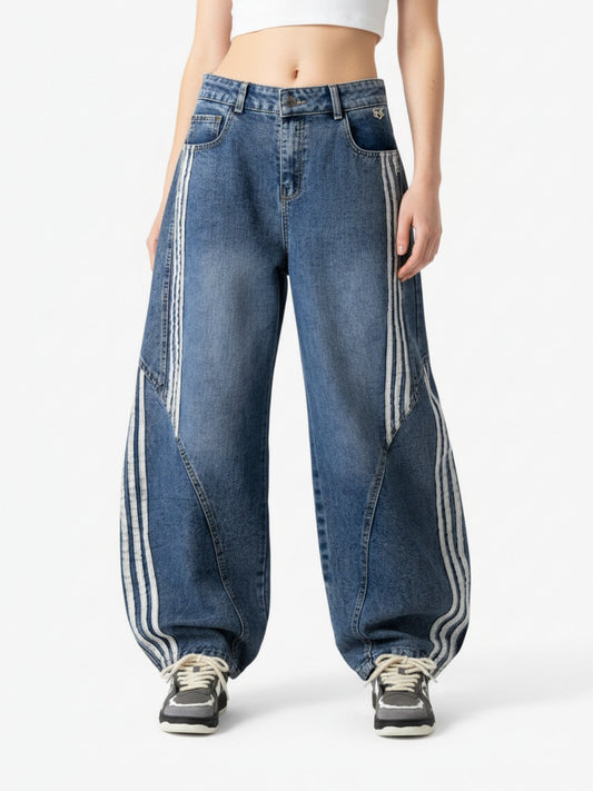 Denim Contrast Striped Stitching Barrel Jeans