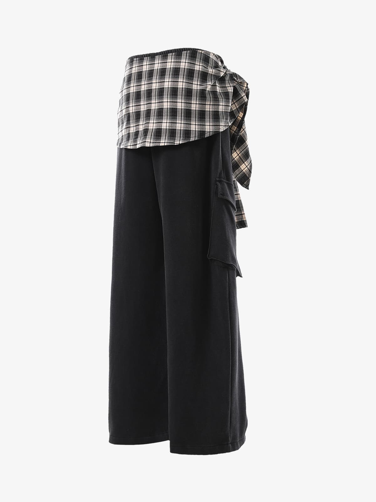 Retro Plaid Patchwork Tie-Belt Wide-Leg Barrel Pants