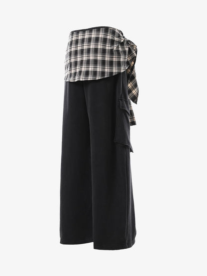 Retro Plaid Patchwork Tie-Belt Wide-Leg Barrel Pants