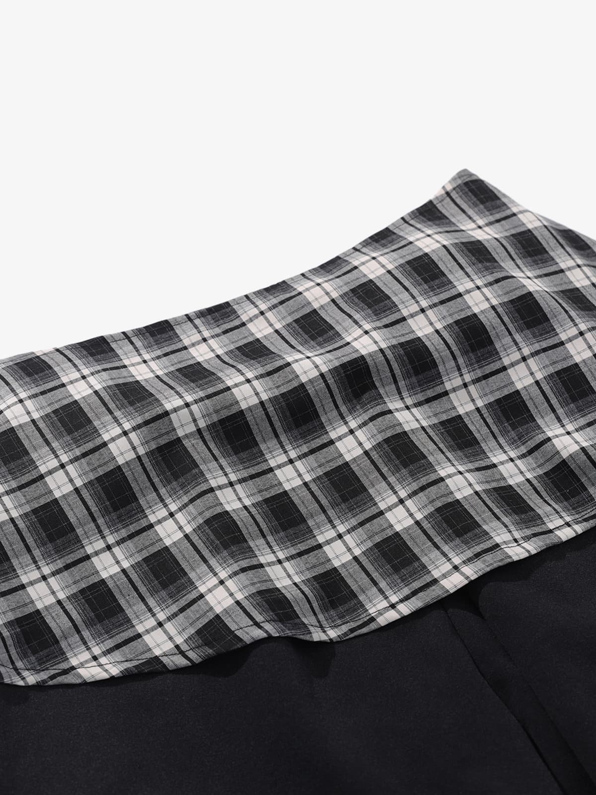 Retro Plaid Patchwork Tie-Belt Wide-Leg Barrel Pants