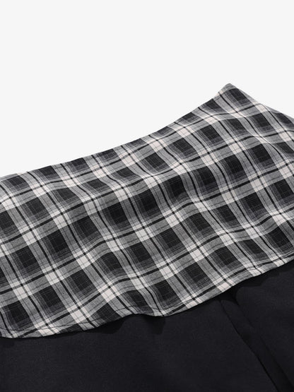 Retro Plaid Patchwork Tie-Belt Wide-Leg Barrel Pants