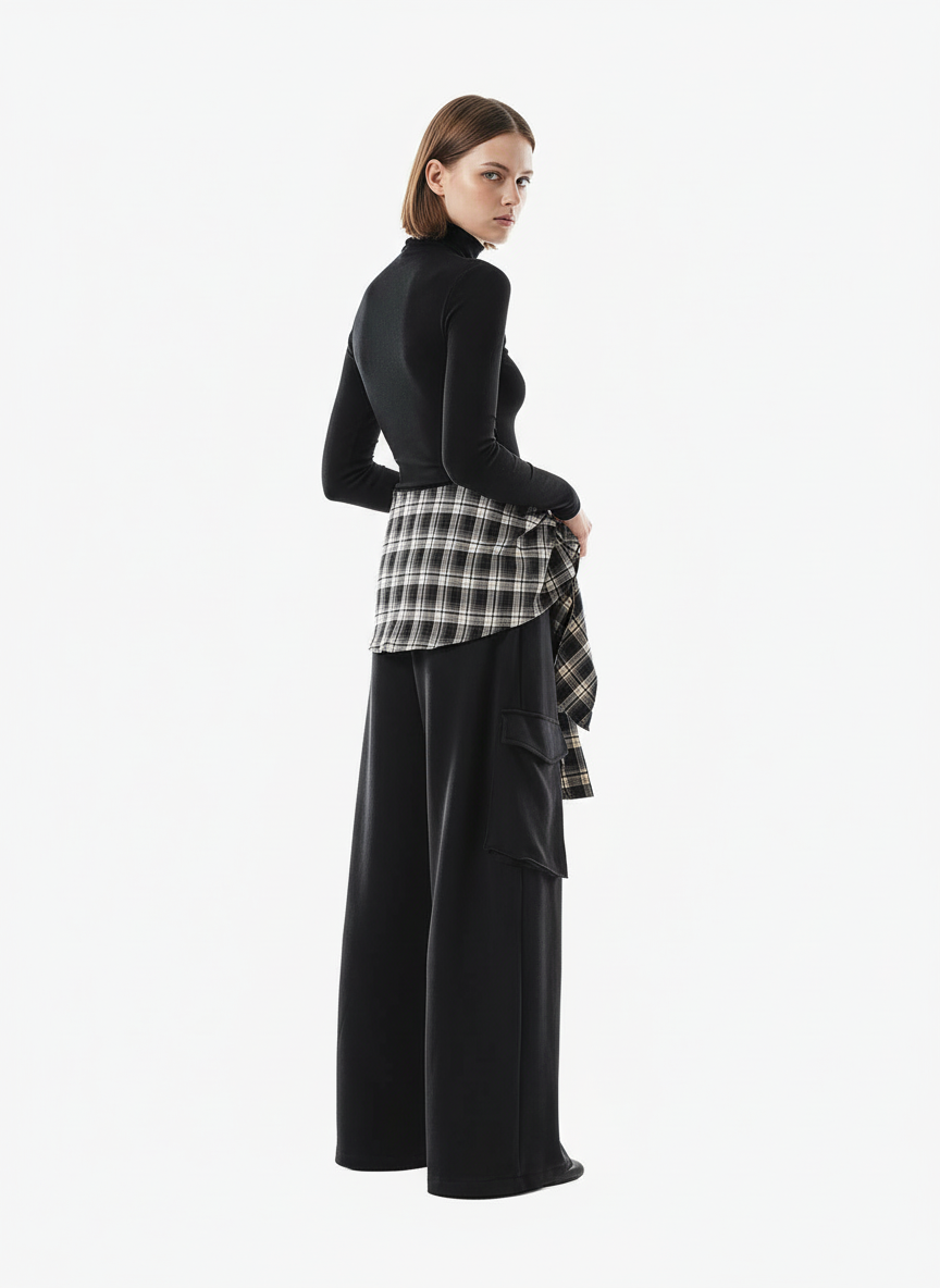 Retro Plaid Patchwork Tie-Belt Wide-Leg Barrel Pants