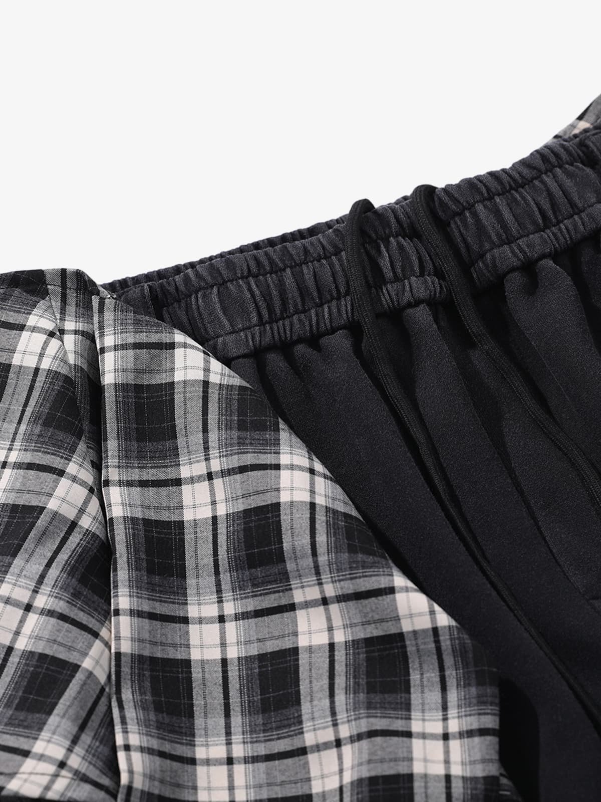 Retro Plaid Patchwork Tie-Belt Wide-Leg Barrel Pants