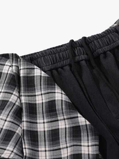 Retro Plaid Patchwork Tie-Belt Wide-Leg Barrel Pants