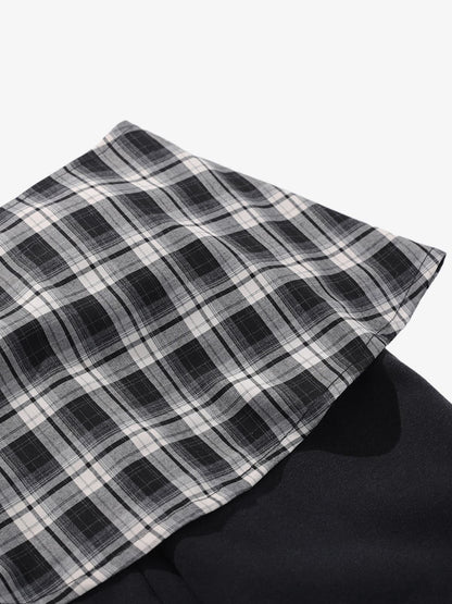 Retro Plaid Patchwork Tie-Belt Wide-Leg Barrel Pants