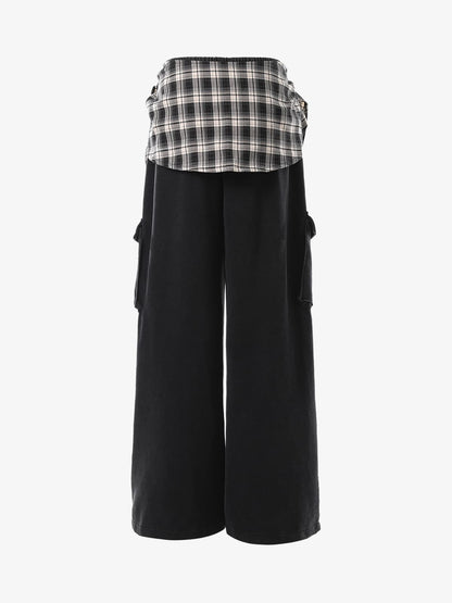 Retro Plaid Patchwork Tie-Belt Wide-Leg Barrel Pants