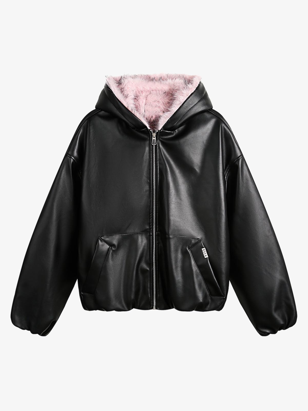 Leather Pink Fur Hooded Quilted Jacket