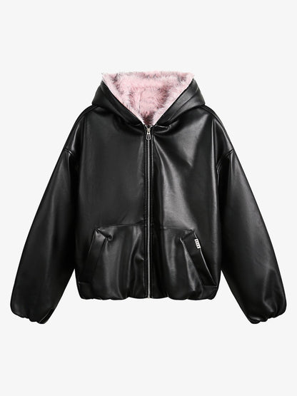 Leather Pink Fur Hooded Quilted Jacket