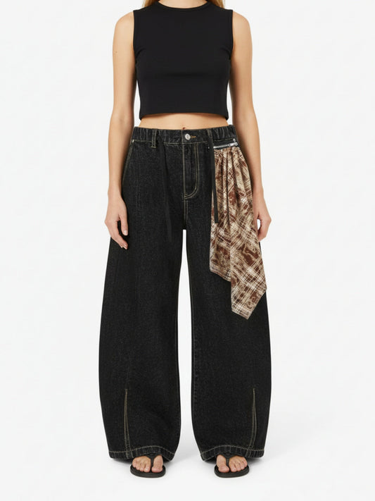 Patchwork Plaid Pleated Baggy Barrel Jeans