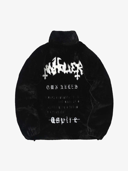 Hip-hop Letter Stand Collar Fur Jacket