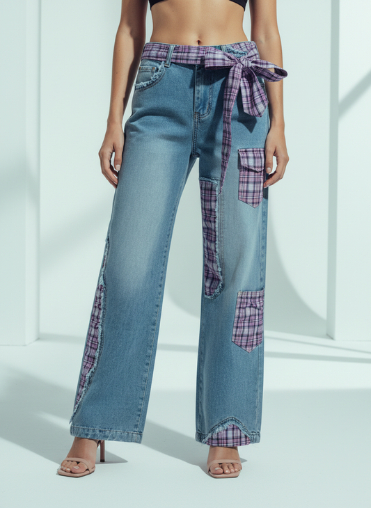 Street Ripped Plaid Bow Jeans